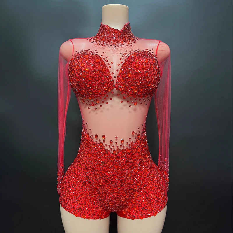 Gogo Dancer Clothing Red Rhinestone Bodysuit Singer Ds Stage Costume Party Show Rave Outfit Black Sexy Jumpsuit Dancewear 2617