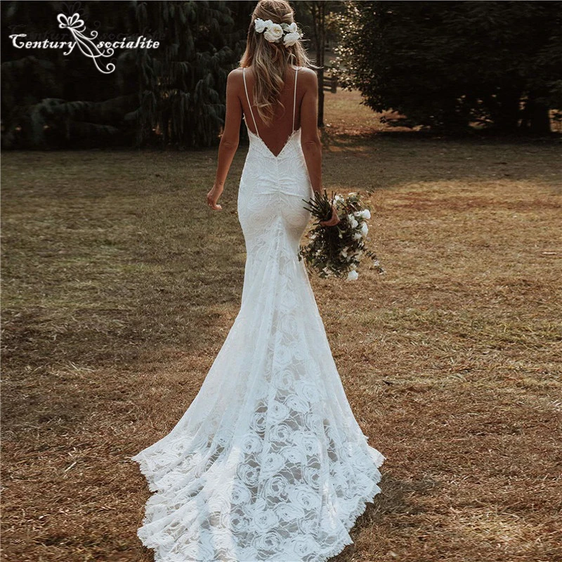 Boho Wedding Dresses Mermaid 2025 Lace Spaghetti Straps Backless Sweep Train Rustic Garden Bridal Gowns Customized