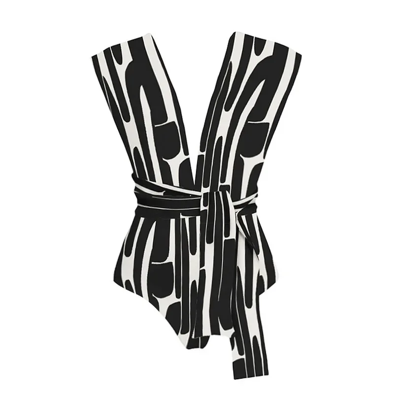 Moda geométrica impressão com decote em v maiô de uma peça e cobrir rendas até mulheres banho quimono luxo maiô beachwear 2024