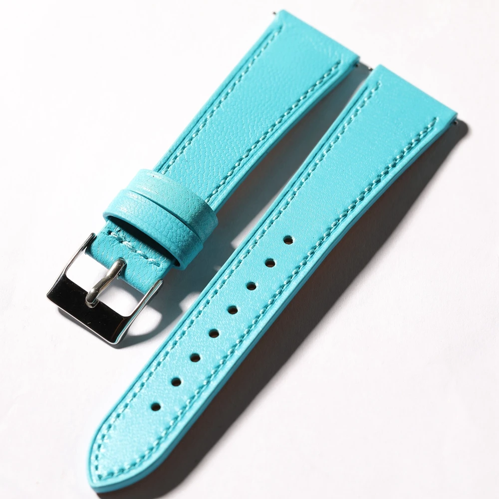 S/M Short Handmade High-End Genuine Leather Watchband, Light Blue 18 19 20 21 22mm Quick Release Soft Genuine Leather Strap