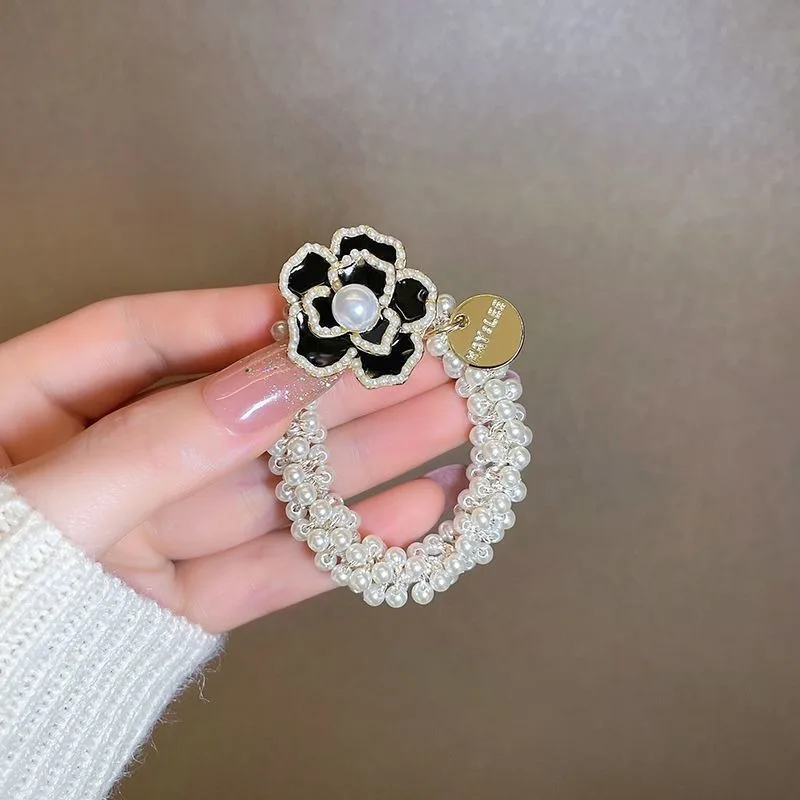 Women Accessories Hair Elegant Rhinestone Flower Hair Pearl Beaded Headwear Elastic Rope Ponytail Hair Handmade