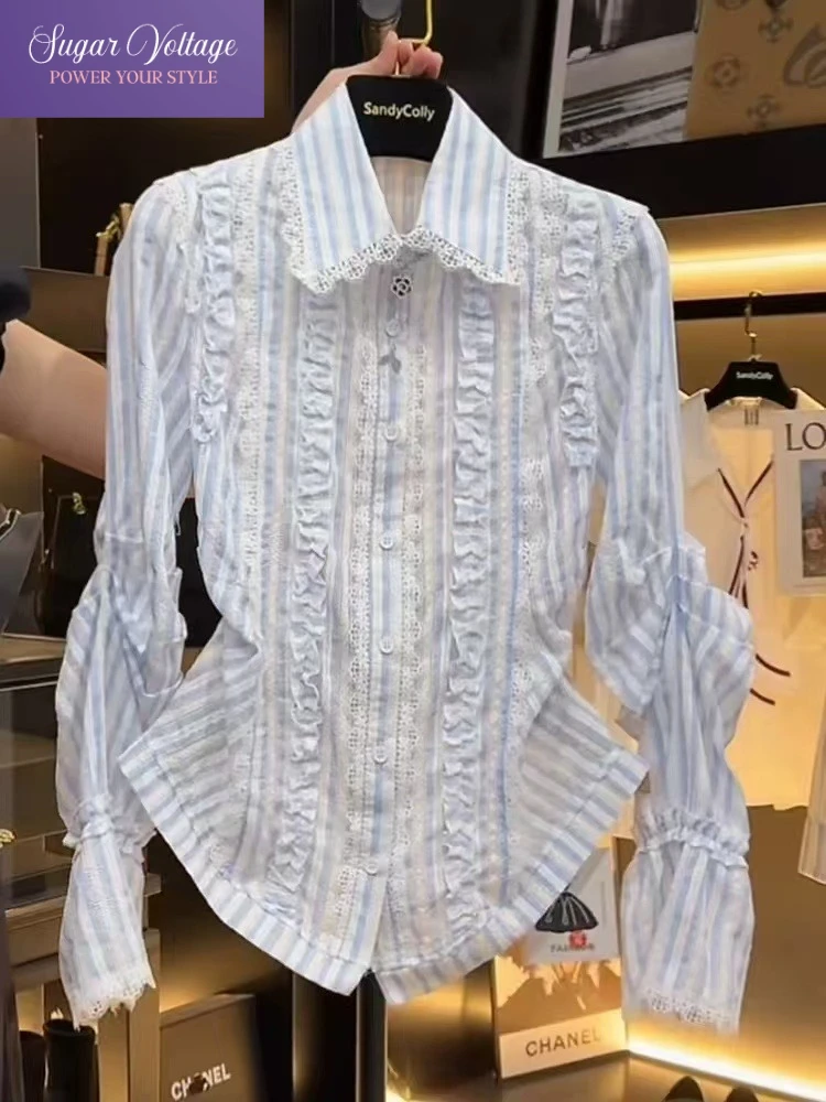 

French Elegant Chic Sweet Tops Women Lace Splicing Striped Long Sleeve Blue Shirts Korean Fashion Slim Fit Casual Office Blouses