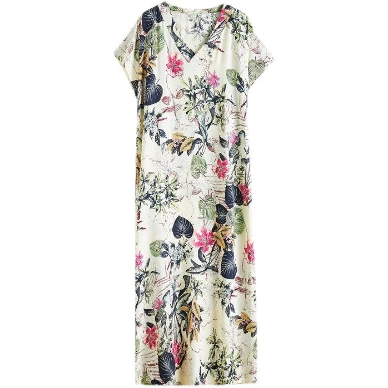 Floral Print Long Robe Summer New V-ne Loose Dr Knee-length Ethnic Sle Women's Clothing Commute Artistic Loose Waist