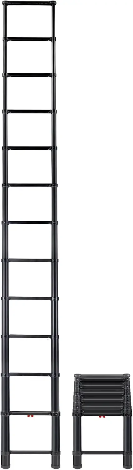 Telescoping Ladder, Patented One-Touch Release, OSHA Compliant Black Tactical 12.5 ft Extended Height, Up to 16 ft Reach May be