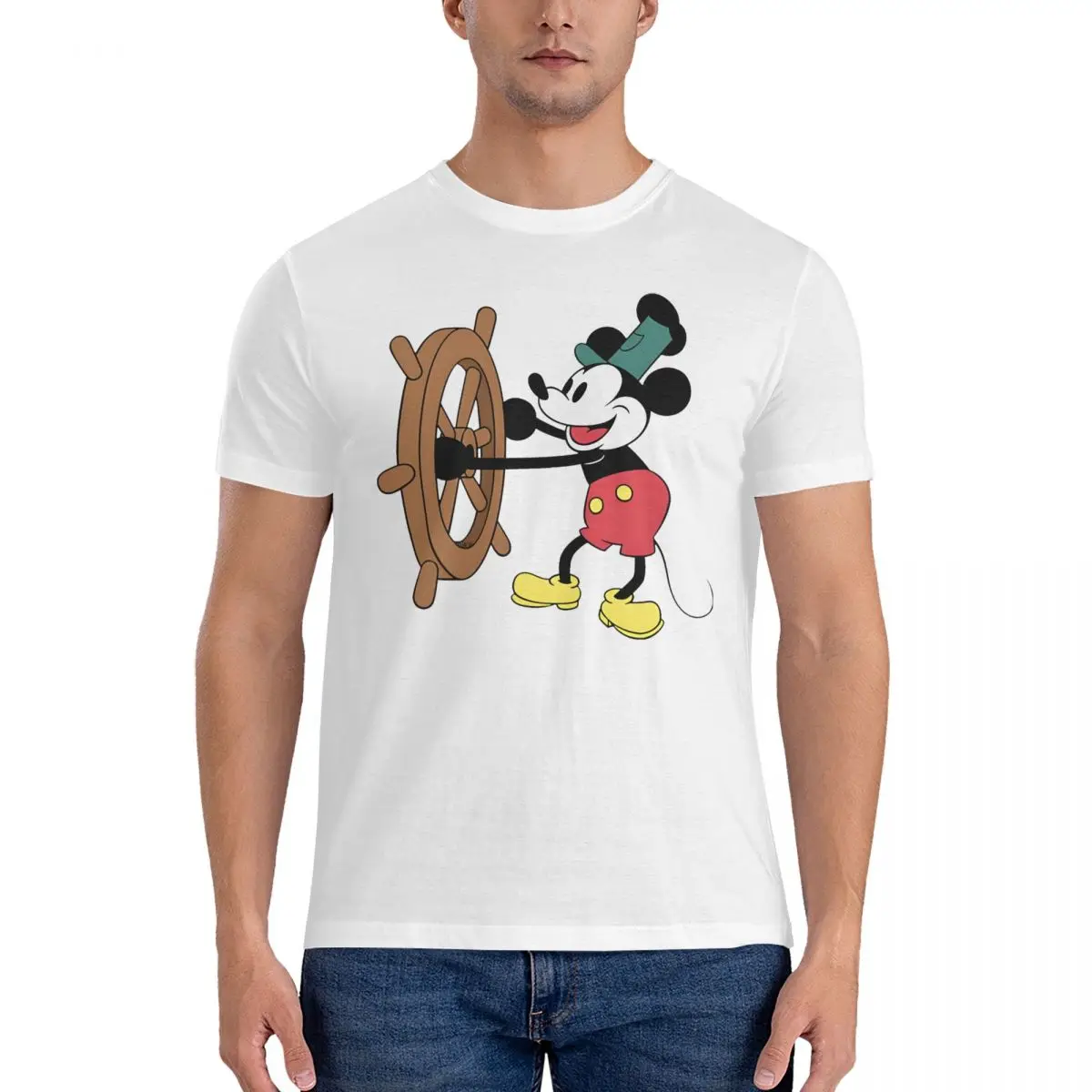 Steamboat Willie T Shirts for Men Pure Cotton Funny T-Shirts Round Neck Disney Cartoon Character Mickey Tee Shirt Short Sleeve