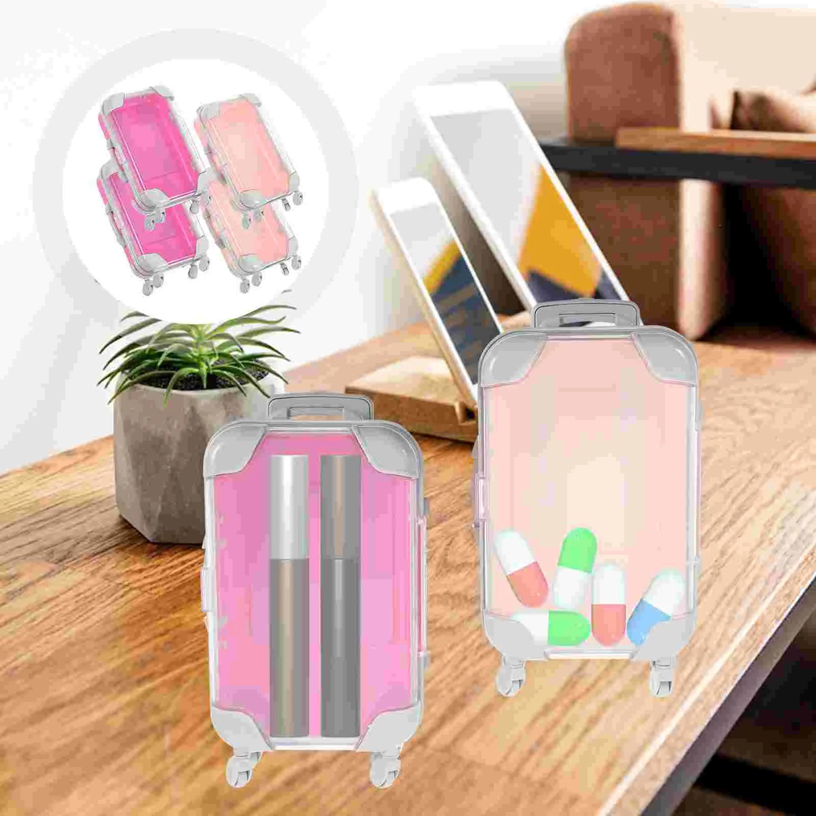 4 Pcs Simulation Trolley Case Makeup Tool Organizer Travel Train Toiletry Bag Eyelash Holder Mini