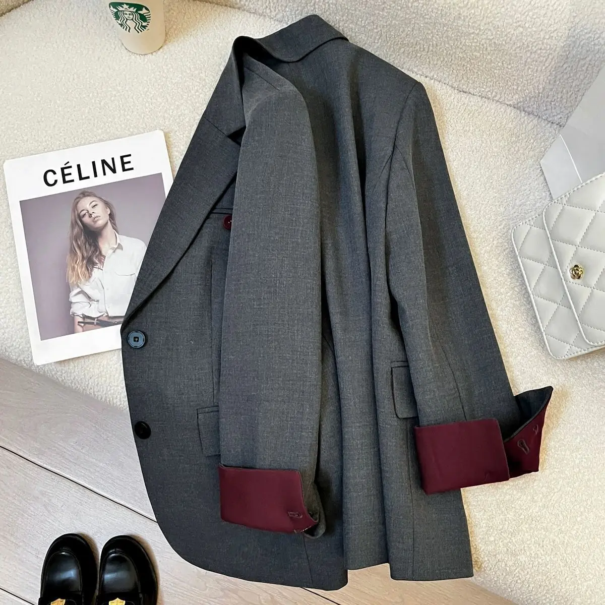 2026 Women Office Wear Casual Blazer Chic Vintage Notched Collar Long Sleeve Outerwear Loose High Street Single Breasted Jackets