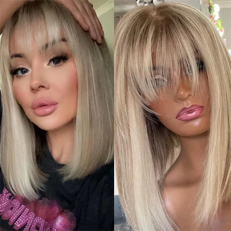 

12 Inch Short Bob With Bangs Ombre Ash Blonde HD Transparent Lace Front Wig Heat Resistant Fiber Hair Wig Synthetic Wig Glueless