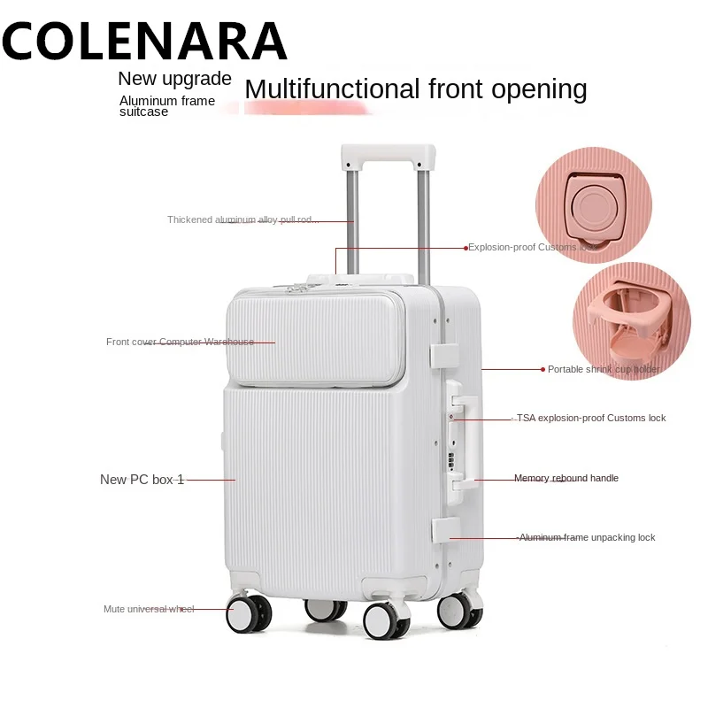 Colenara กระเป๋าห้องโดยสารกระเป๋าด้านหน้ากระเป๋าขึ้นเครื่องแล็ปท็อป24 "28" เคสแบบมีล้อลากโครงสร้างอะลูมิเนียม20 "kopor perjalanan ชาร์จ USB