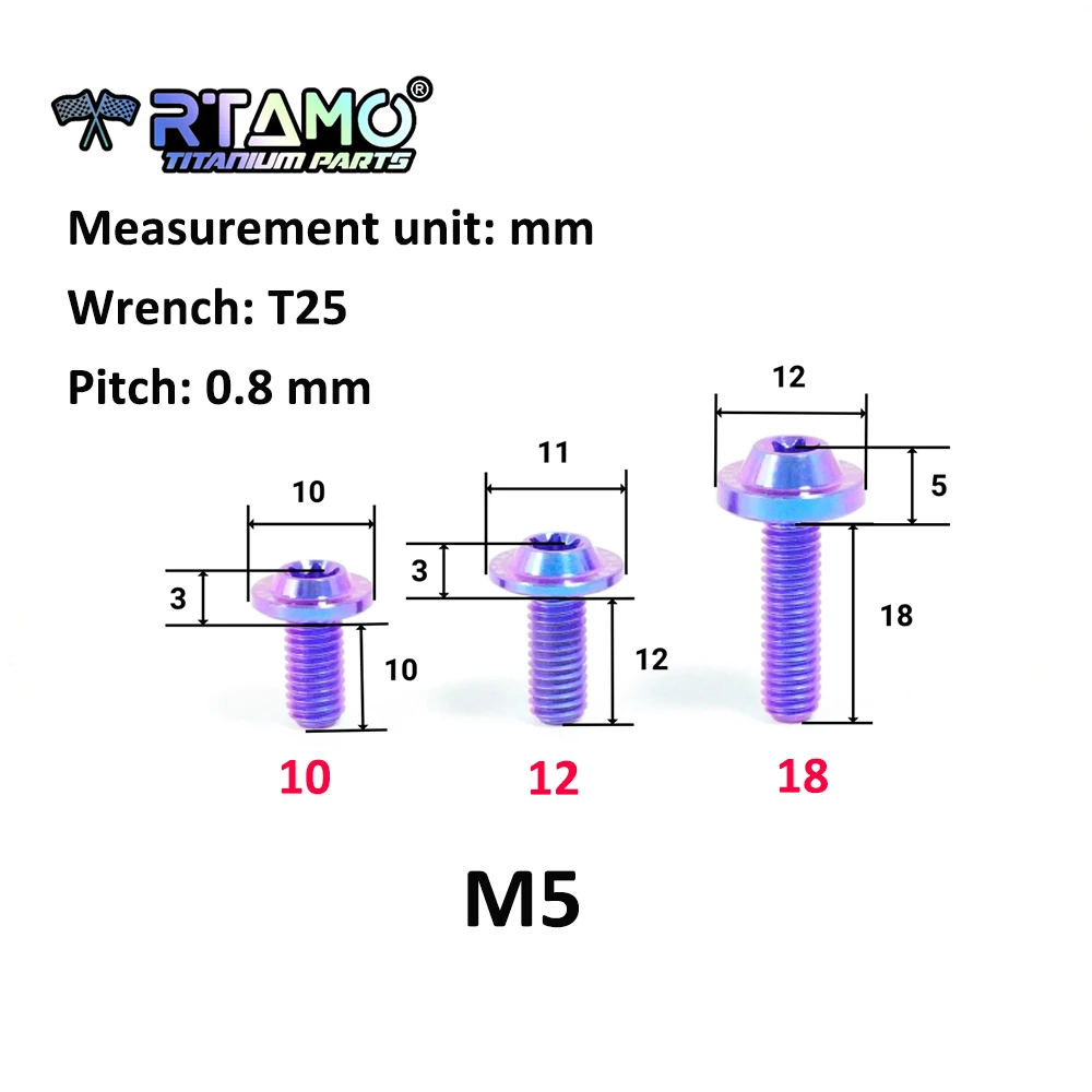 RTAMO Titanium Bolt M5x10/12/15/18/20/25/30mm Torx T25 Head CNC Fastener Ti Screws for Ride Modification