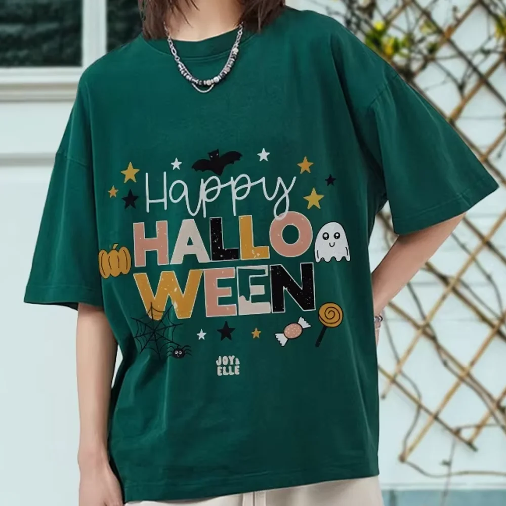 

T-Shirt Happy Halloween Slogan Print Tee Festive Cotton Soft Casual Wear Trendy Y2k Graphic Design Bold Vibe Fun Style Clothes