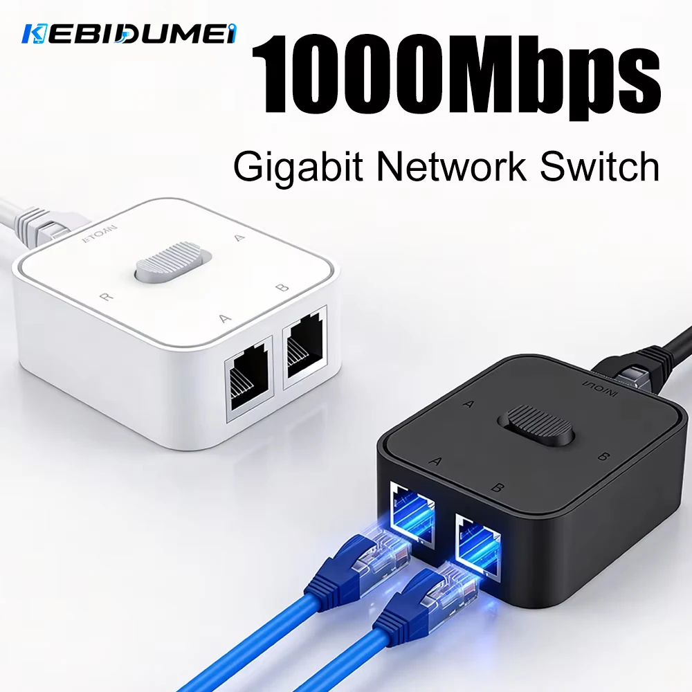KEBIDUMEI 2-Port 1000Mbps RJ45 Splitter-Switch 2 In 1 Out/1 In 2 Out Gigabit LAN-Verbinder Koppler für Laptop TV-Box Plug & Play