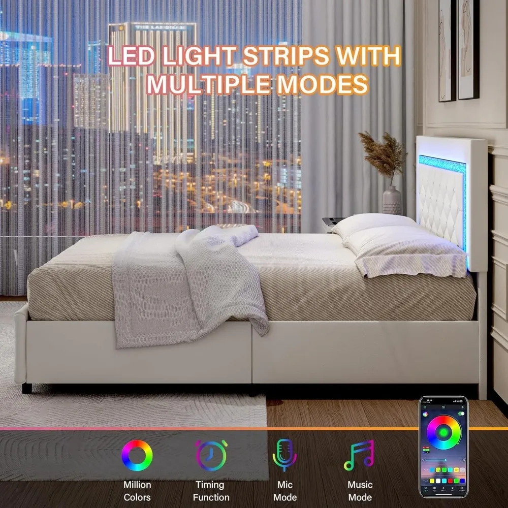 إطار سرير كوين LED مع أدراج تخزين، سرير بمنصة منجدة مع لوح رأسي ماسي، لا حاجة إلى صندوق زنبركي