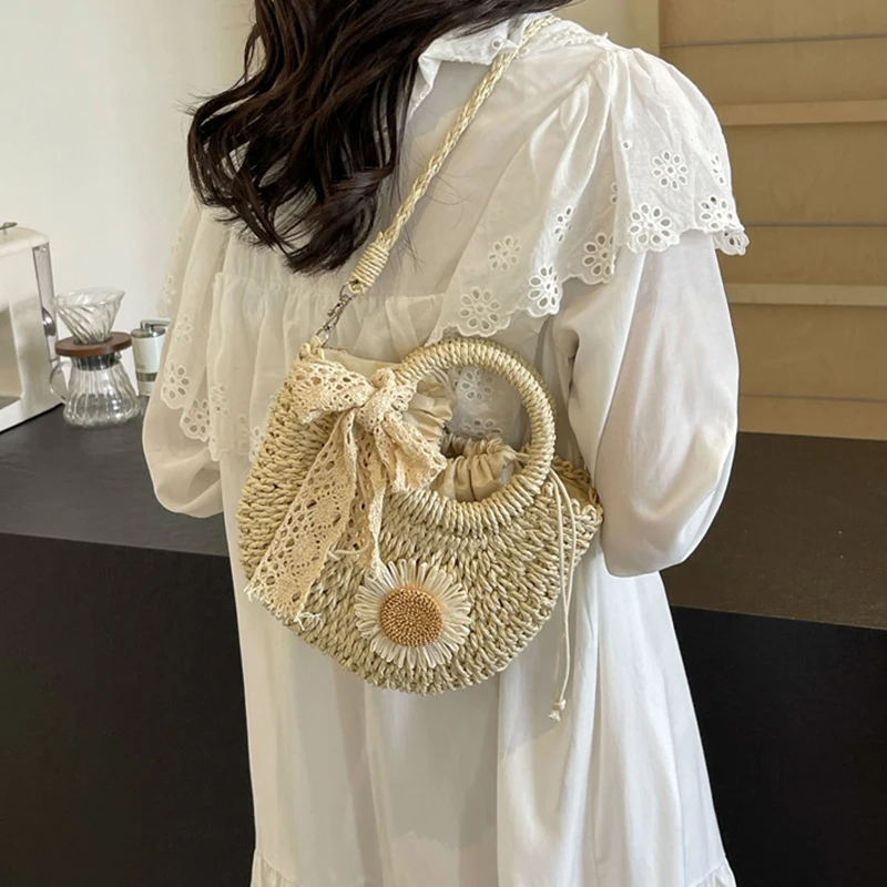 Handwoven Straw Rattan Half-Moon Beach Handbag Small Women Summer Hollow Out Crossbody Shoulder Bag