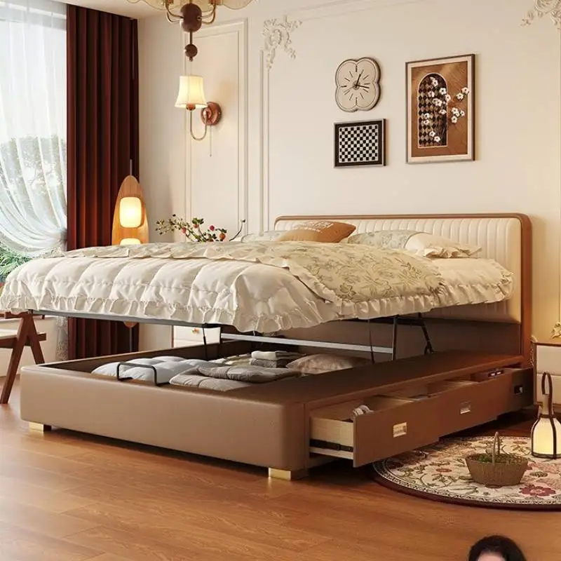 

Leather European Double Bed Brown Minimalist White Modern Double Bed Storage Wooden Pliable Cama Matrimonial Furniture For Home