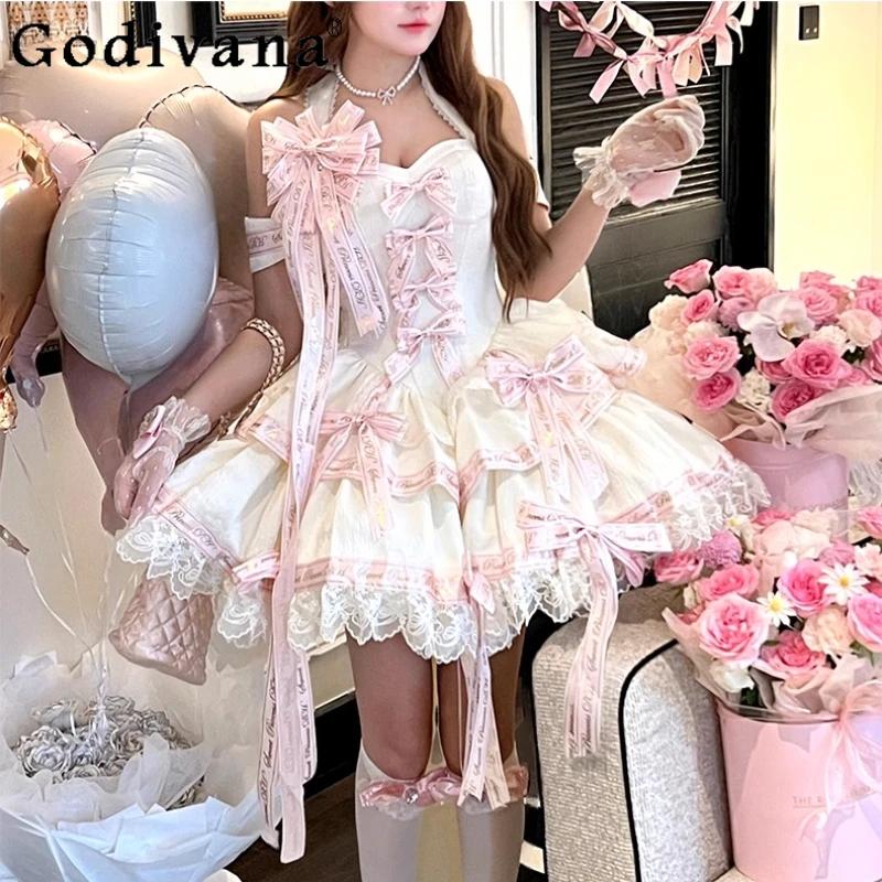 

Anniversary Princess Birthday Dresses Girl Women's Slim Fit Elegant Halter Off-Shoulder Sleeveless Mini Puffy Dress Lolita Dress
