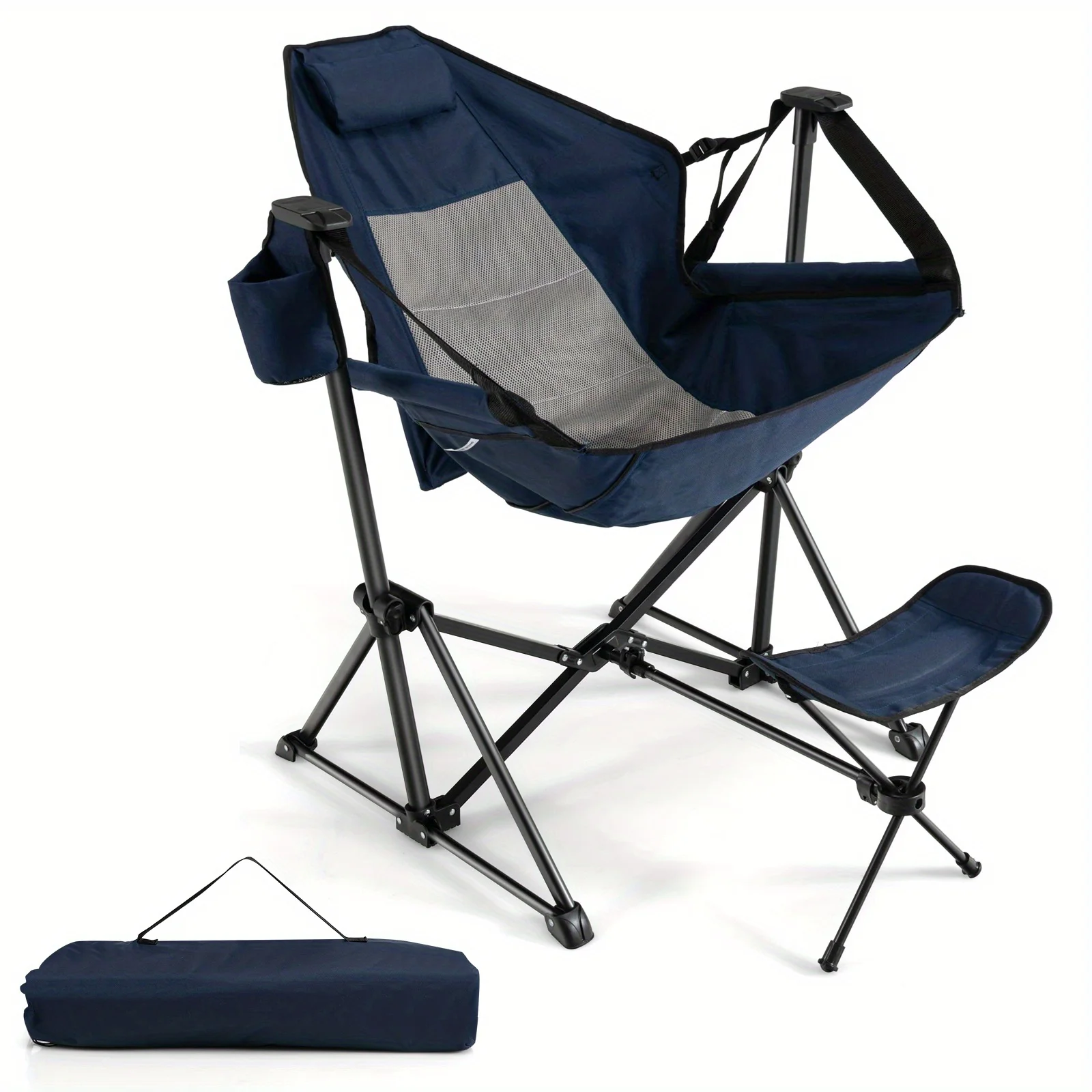

Camping Lounge Chair w/ Footrest, Portable Folding Outdoor Reclining Chair w/ Adjustable Backrest &Footrest, Headrest,Cup Holder