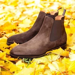 New Coffee Men Chelsea Boots Cow Suede Square Toe Business Slip-On Solid Men Ankle Boots  Bottes Pour Hommes