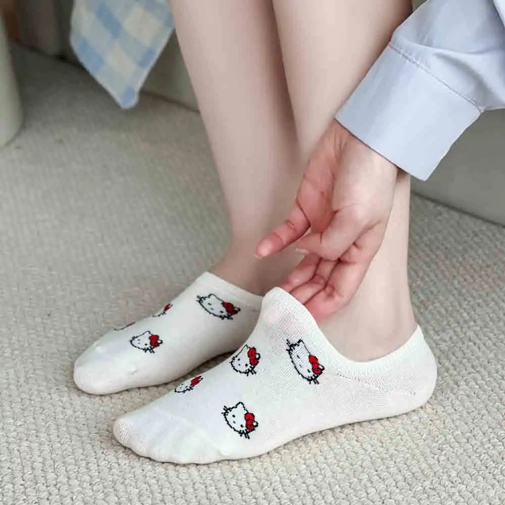 

4 Pairs Hello Kitty Women Socks Y2K Kawaii Funny Socks Cute Cartoon Cotton Short Socks White Kawaii Anime Fashion