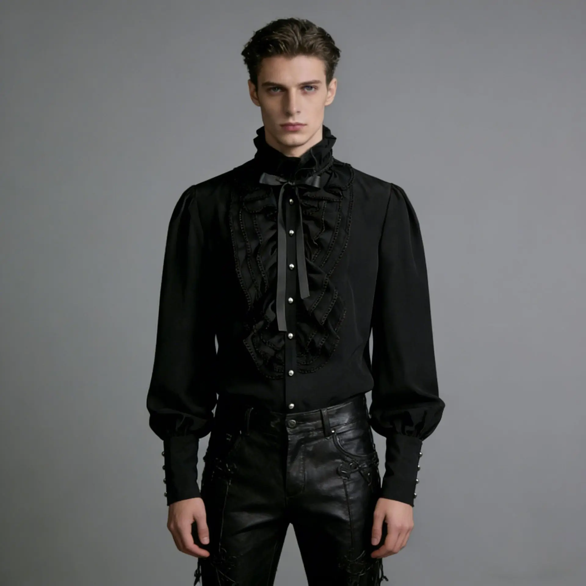 European and American Men's Black and White Pleated Shirt Medieval Clothing Steampunk Victorian Top Stage Performance Costumes