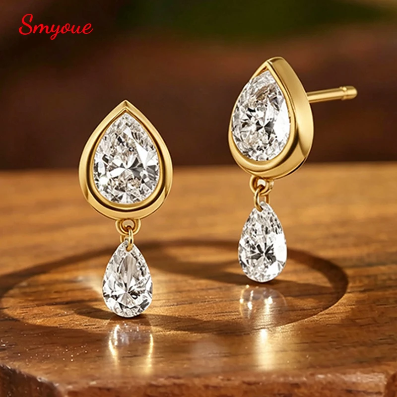 Smyoue New Pear Cut All Zircon Stud Earrings Dainty Bridal Wedding 18k Plated 100% 925 Sterling Silver Gifts Charm Fine Jewelry