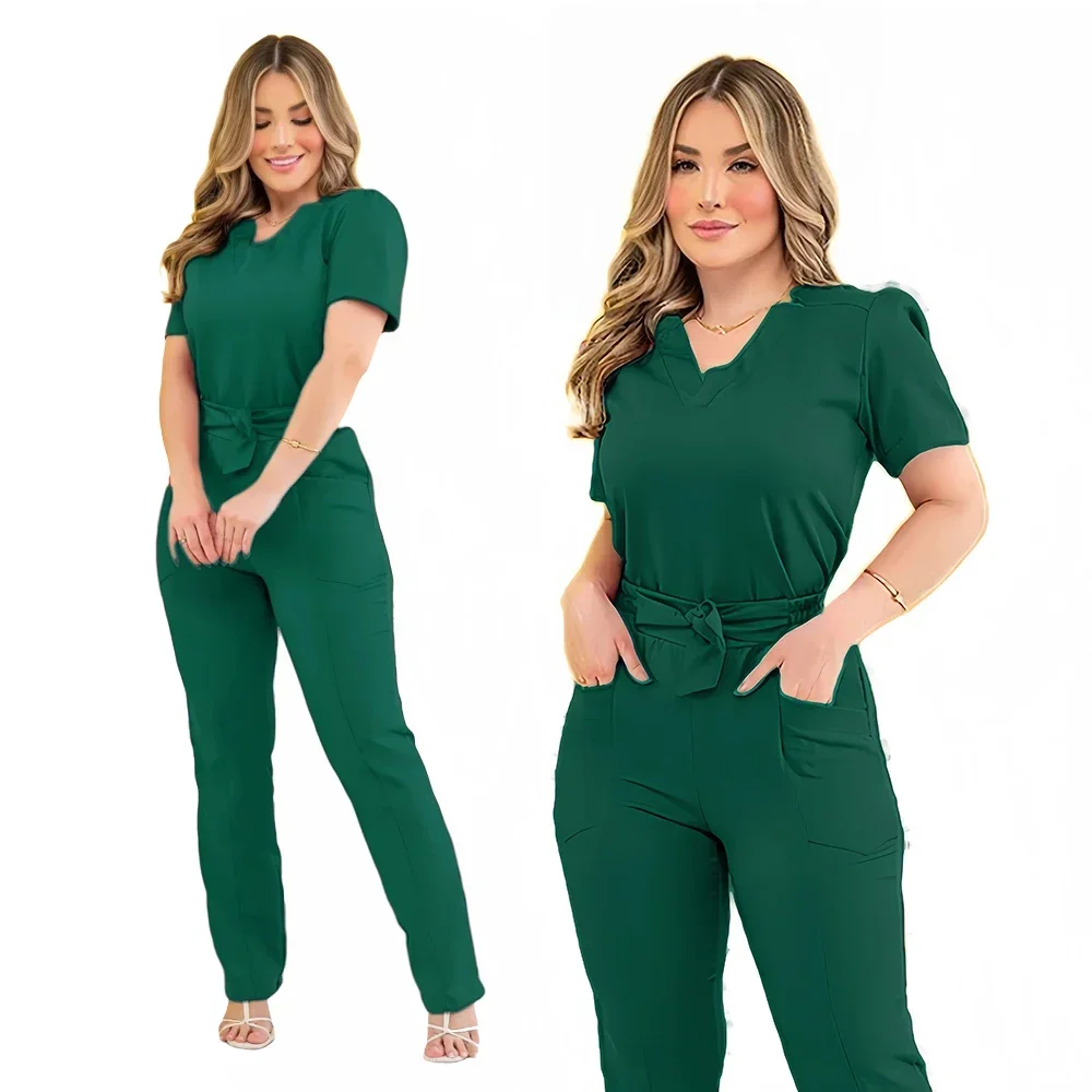 Multicolor bowknot Workwear Pharmacy Dentistry Work Clothes Doctor Nurse Uniforms Hospital Surgery Top Pants Medical Scrubs Set