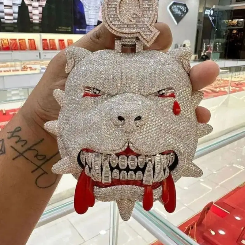 Animal Head Pendant Necklace Hip Hop Bling Crystal Red Eyes Tongue Big Teeth Chain for Men Women Trendy Streetwear Jewelry