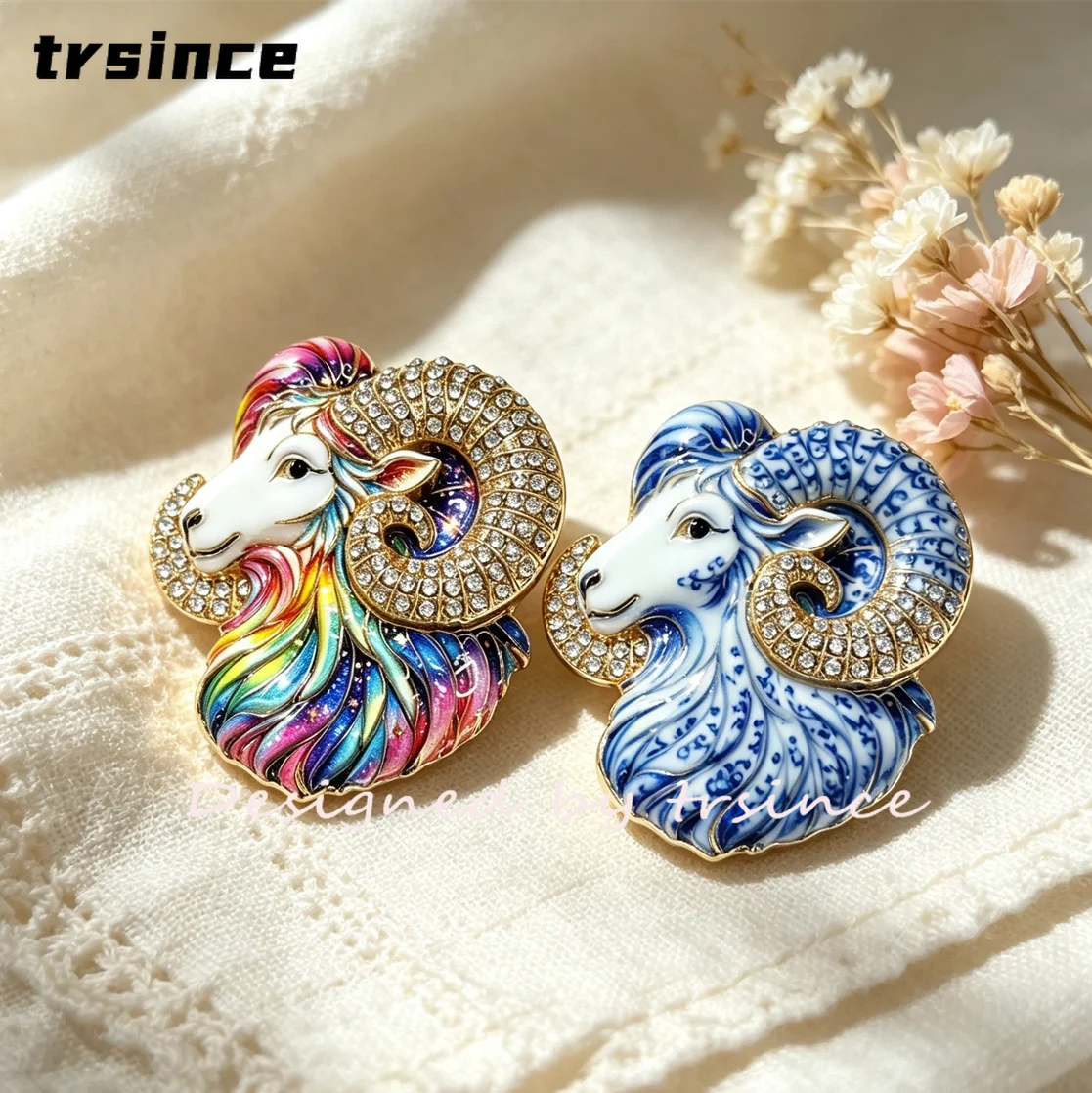 12 Zodiac Aries Constellation Brooch Rhinestone Ram Sheep Head Pin Astrology Horoscope Animal Jewelry for Ladies Birthday Gift