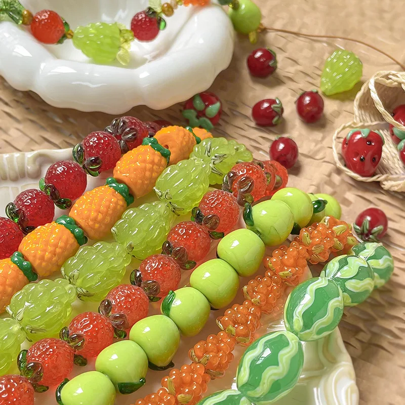 WZNB 2pcs Glass Raspberry Pineapple Green Grape Watermelon Beads Loose Beads  Bracelet Necklace Beading