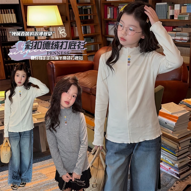 Kids Long Sleeve Tee Baby Girl Top Clothes Casual Fashion Korean T-Shirt Daily Base Spring Autumn Wear Little Girls Size 6-14Y