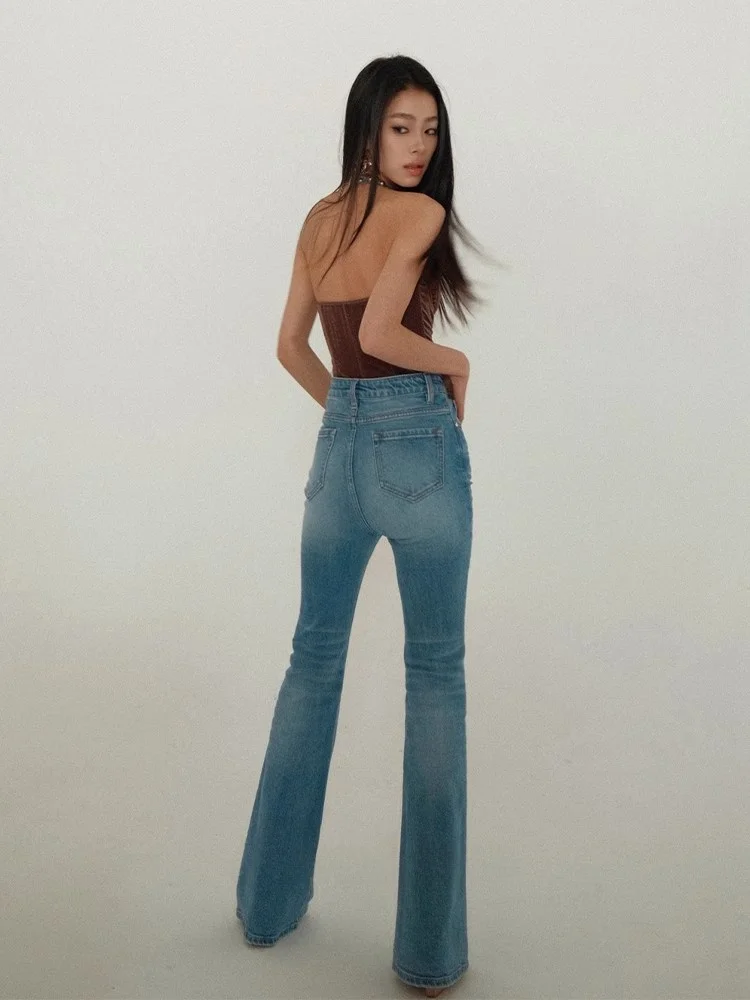 

High Waist Bell Bottom Jeans Women's Light Blue Dark Blue SNT Cotton Stretch Denim Pants Loose Fit Spring Season