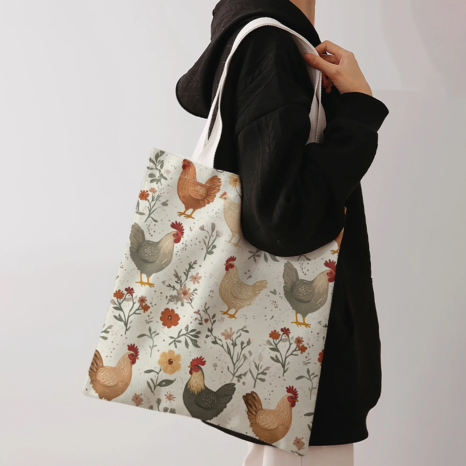 Hen Rooster Vintage Floral Print Tote Bag Large Capacity Shoulder Handbag For Shopping Travel Daily Commute view 3