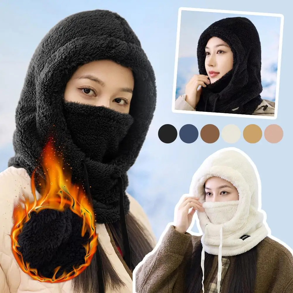 Gorro cálido de invierno para mujer, Protector de orejas de felpa, Sudadera con capucha para el cuello, a prueba de viento, para esquiar y cara de invierno, gorro de moda para ciclismo grueso X1s6