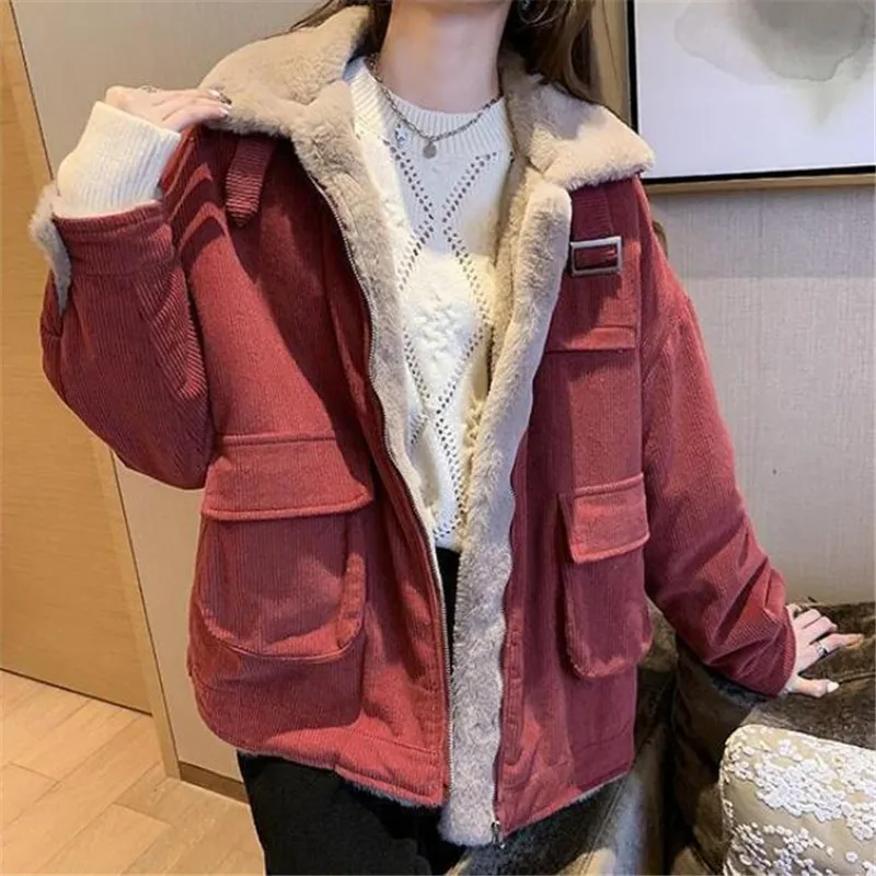 

Women's Cotton Coat Parker New 2022 Autumn Winter Corduroy Jacket Korean Lambswool Thickened Keep Warm Overcoat Tooling Female