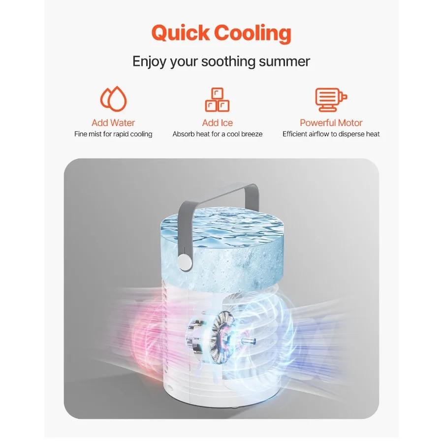 

Portable Air Conditioner, 4-in-1 Evaporative Air Cooler, 3-Speed Mini Air Conditioner with Smart Timer, 600ml Water Tank, 7-Col