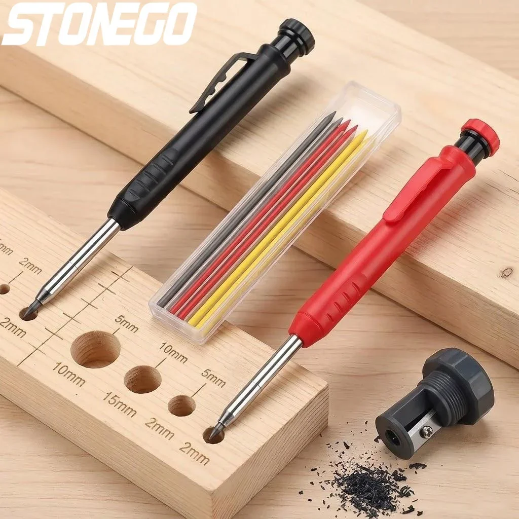 

STONEGO 1 Set Metal Long Tip Deep Hole Woodworking Pencil, Professional Engineering Woodworking Pen, Deep Hole Marking Tool, Graphite Lead Quick-Drying Marking Pen, Random Colors