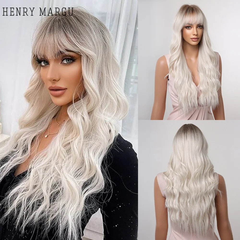 HENRY MARGU Long Platinum Blonde Natural Wavy Synthetic Wigs With Bangs Ombre White Wig for Women Party Heat Resistant Fake Hair