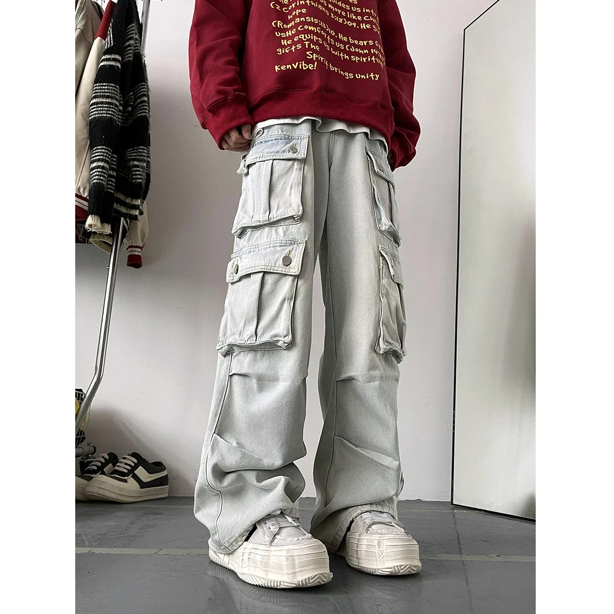 

Light Blue Cargo Jeans Men's Patchwork Straight Casual Trousers Men Muti-pockets Hip Hop Streetwear Loose Fashion Pants ZL268