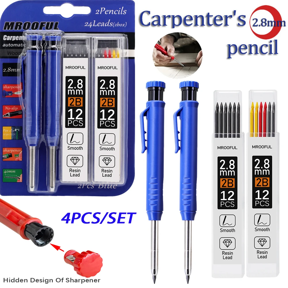 

2.8mm Professional Woodworking Pencil Card Set Built In Pencil Sharpener with 2box Leads Woodworking Marking Drawing Tools