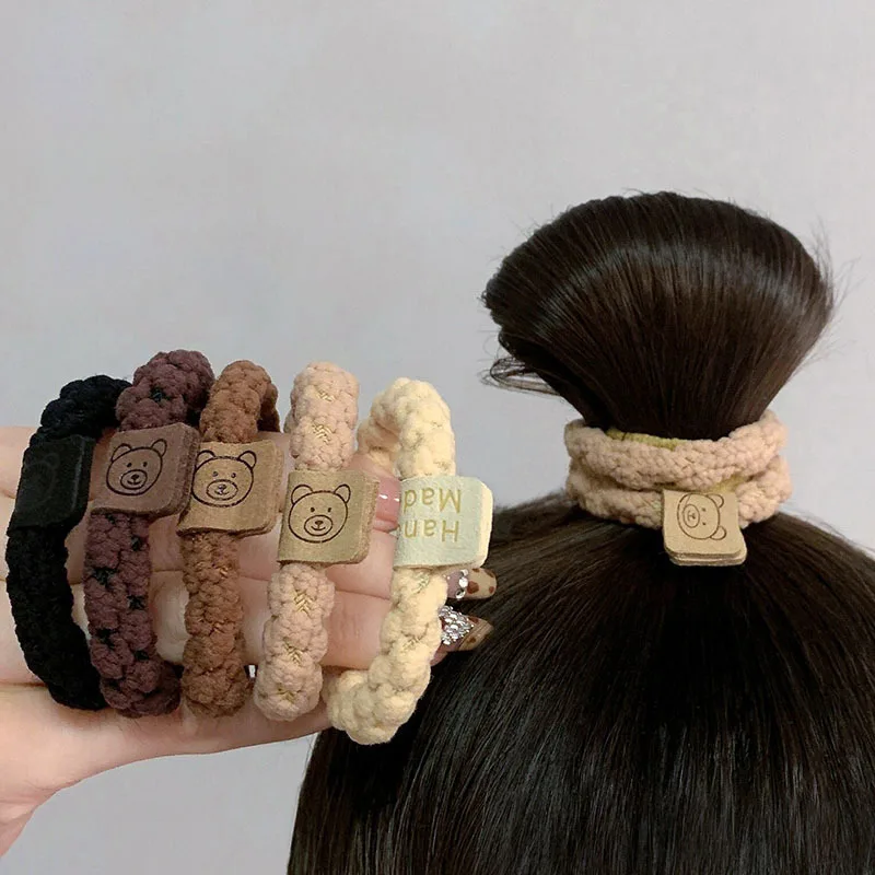 Wholesale Price Little Bear Cashmere Elastic Hair Band High Quality Children Woolen Cotton Solid Color Hair Band Rubber Band Set