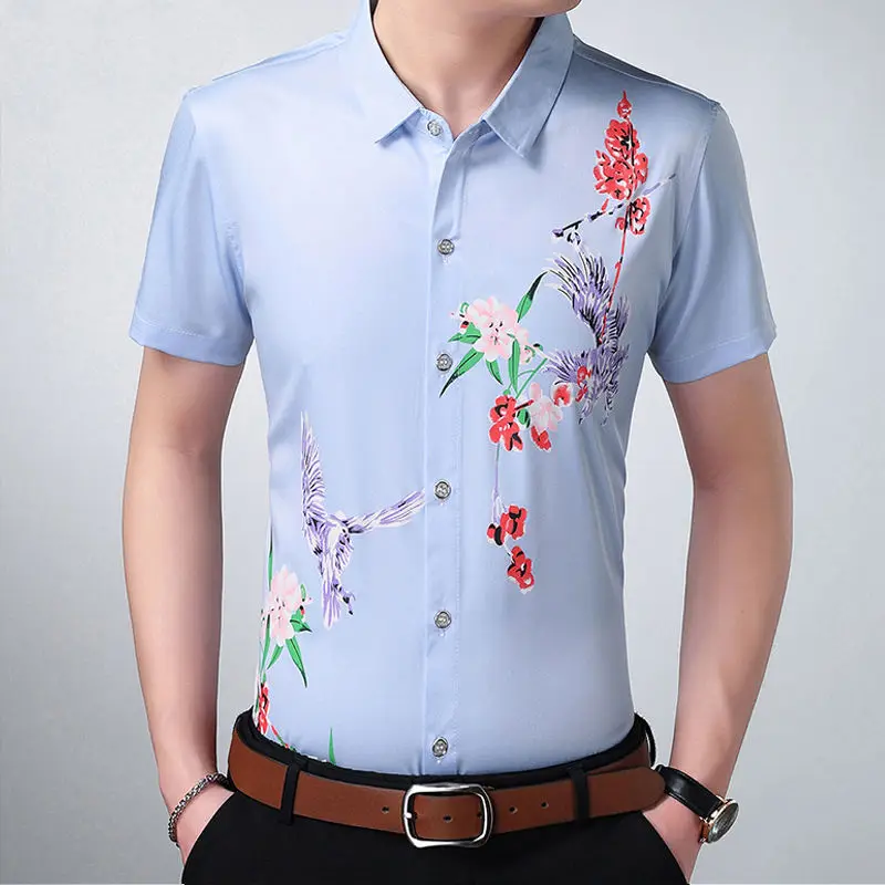 Fashion Men Summer Short Sleeve Smooth Shirt Korean New Quick Dry Male Clothes Lapel Floral Print Button Casual Loose Thin Tops