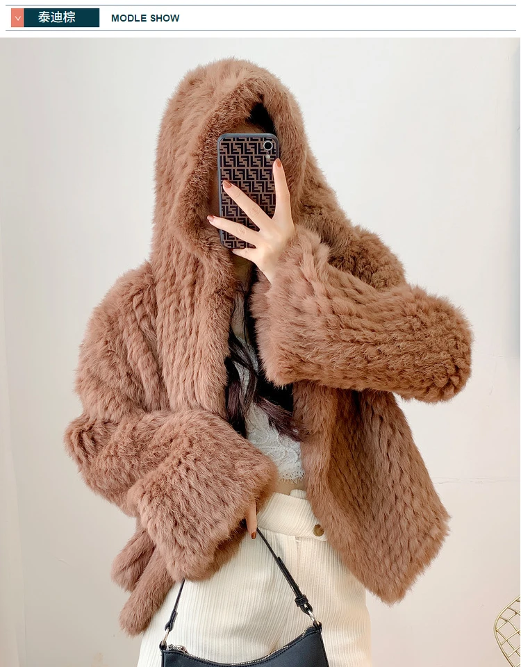 Long Sleeve Casual Loose Knitted Real Rabbit Fur Hooded Coat Women Genuine Natural Rabbit Fur Outwear Female Fur Jacket