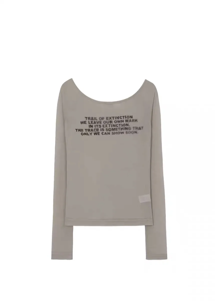 Bohemseo Spicy Girl Letter Print Semi-Transparent ort Sve Long T-irt Women's Faion Commute Sle Slim Fit Cotton Spring