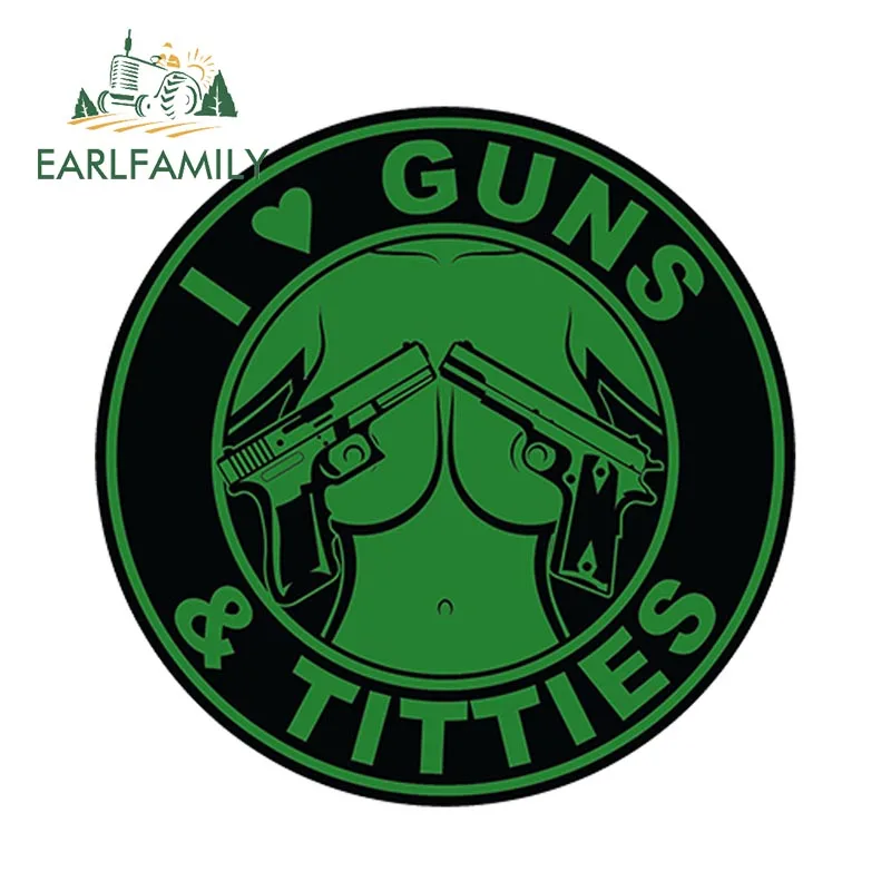 EARLFAMILY 13cm x 13cm I Love Guns and Titties Car Sticker Funny Gun Titts Car Styling Vinyl Offroad Trunk Decal Car Accessories