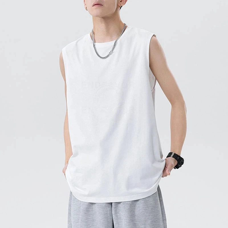 Men's Apricot White Cotton Sleeveless Crew Neck Tank Top