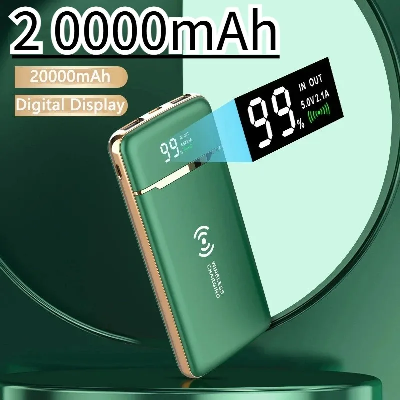 

20000mAh Wireless Power Bank Charger For IPhone For Samsung For Huawei For Xiaomi Built in Cable Portable Digital Display