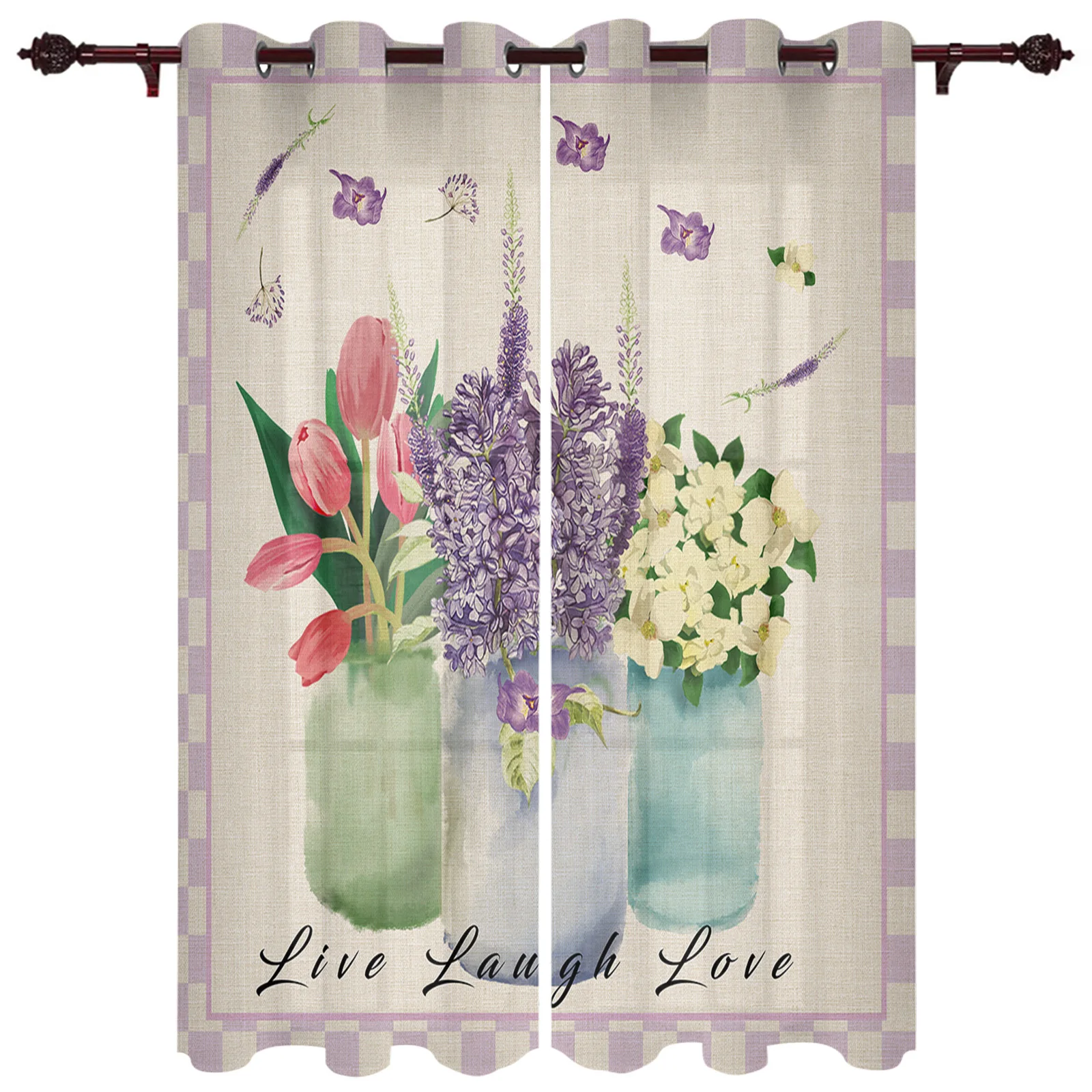 Vase Tulip Lavender Jasmine Plaid  Window Curtains for Living Room Bedroom Kitchen Window Treatments Valance Home Decor Drapes