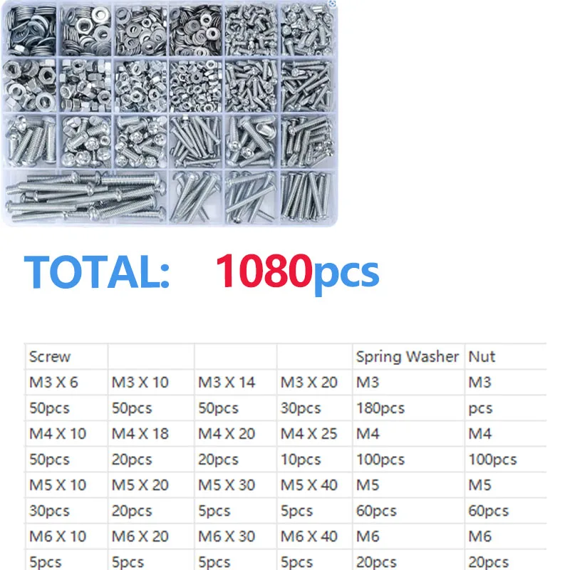 1080pcs screw bolt and nut and flat washer combination kit, metric,M3/M4/M5/M6 cross slotted flat head hexagon bolt and nut set