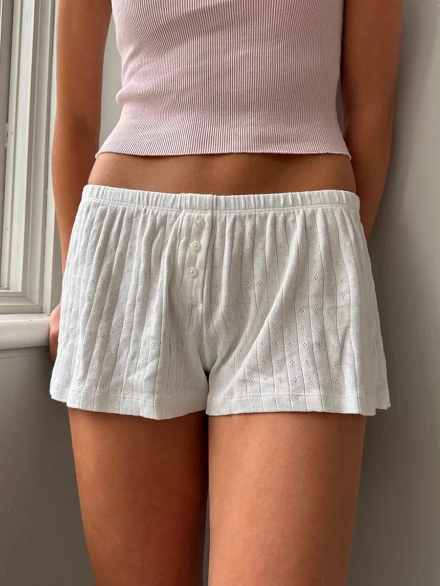 

Eyelet White Cotton Sweatshorts Woman Summer High Waist Three Buttons Straight Short Pant Sweet Home Underwear Basic Shorts Y2k