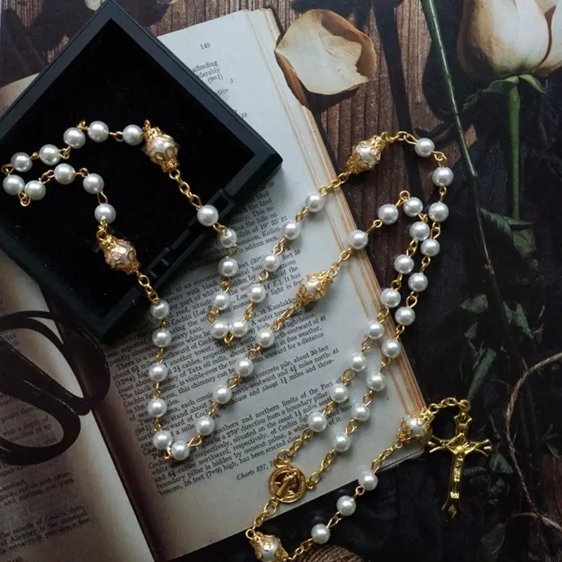 L9BE Vintage Pearl Beads Rosary Necklace Jesus Christ Crucifix for Cross Pendant Necklaces for Women Jewelry Charm Prayer Gifts